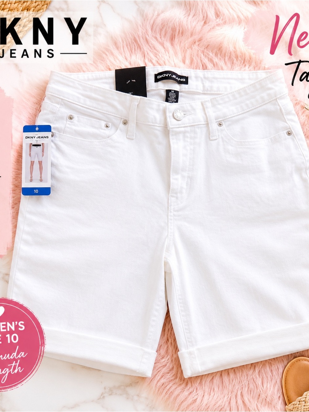 DKNY White Denim Bermuda Shorts with Cuffed Hem Size 10